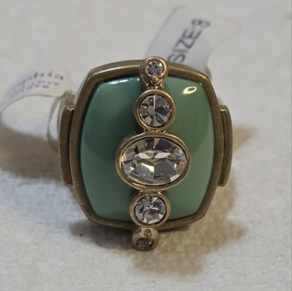 Lia Sophia Bombay Jade Green Crystal Jeweled Antique Gold Tone Ring Size 8 New‎